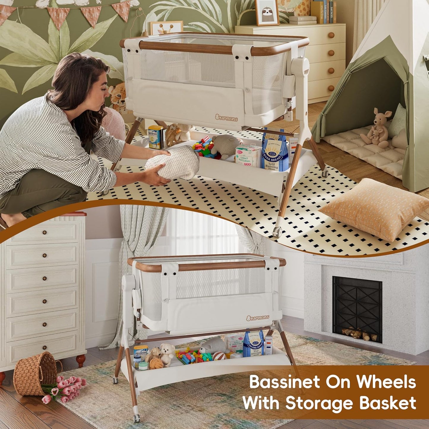 Bassinet Bedside Sleeper, Rocking Bassinet for Baby, 3 in 1 Crib with 6 Adjustable Height,Breathable Mesh and Lockable Wheels, Baby Must Haves for Newborns