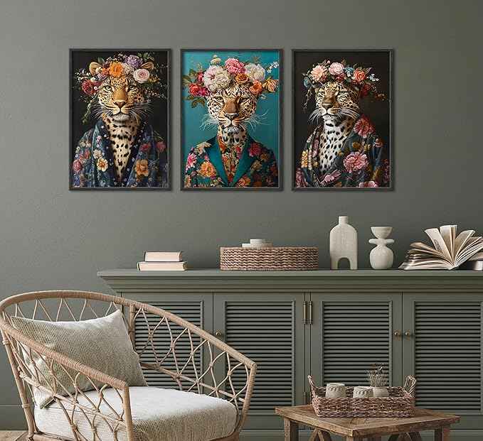 Bathroom Leopard In a Bathrobe Wall Art Maximalist Eclectic Cheetah Posters Pictures Animals And Flowers Canvas Prints Funky Animals Painting Wall Decor y2k Aesthetic Room Decoration Unframed