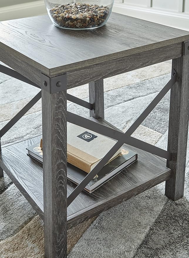 Signature Design by Ashley Freedan Rustic Square Farmhouse End Table, Wood, Metal Crossbuck Accents, Lower Display Shelf, 22.63" High, Gray