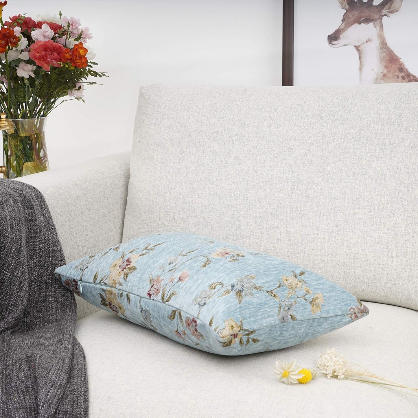 YOUR SMILE Classical Embroidery Jacquard Farmhouse Oblong Rectangle Chenille Teal Floral Pattern Decorative Throw Pillow Case,12x20 inch