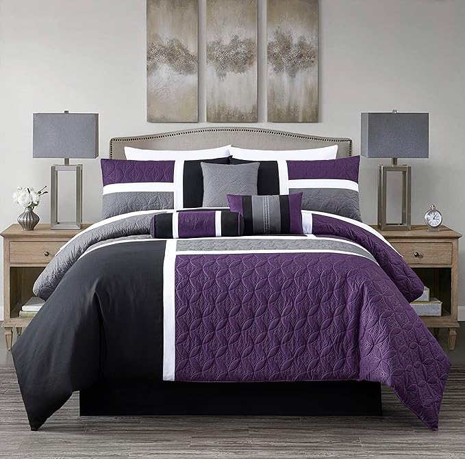 Chezmoi Collection Upland 7-Piece Quilted Patchwork Comforter Set, Purple/Black/Gray, Oversized King