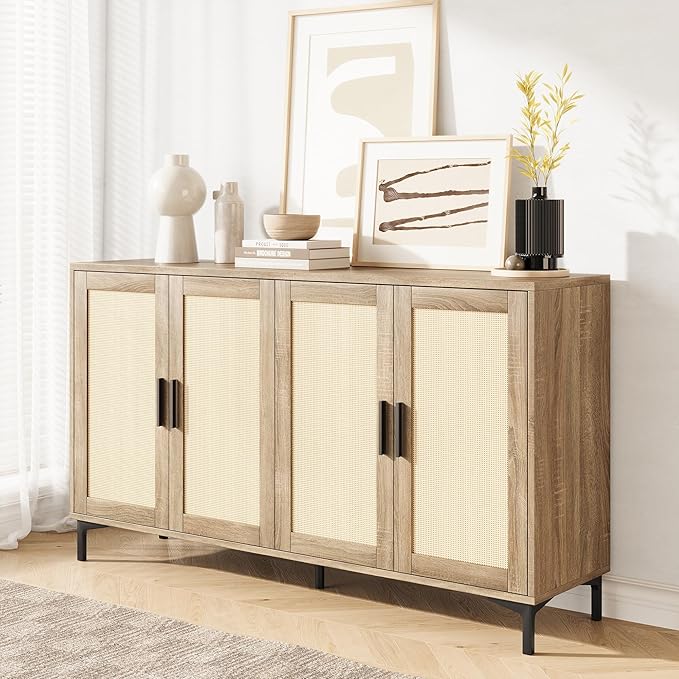 JASIWAY Buffet Cabinet with Storage, 48" Rattan Sideboard with Adjustable Shelves, Modern Coffee Bar Cabinet Console Table with Doors, Credenza for Kitchen, Living Room, Entryway, Dining Room, Wood