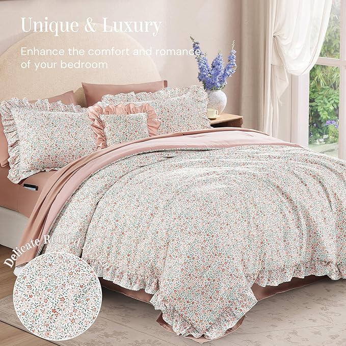 Queen Comforter Set - 7 Pieces Ruffle Pink Ditzy Bedding Sets, Shabby Chic Farmhouse Bed in a Bag Queen with Floral Comforter, Sheets, Pillowcases & Shams