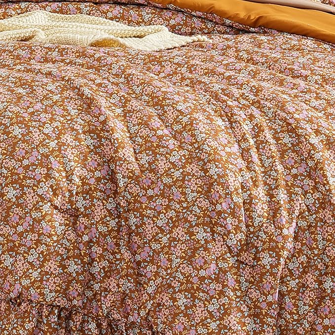 King Comforter Set - 7 Pieces Ruffle Brown Bedding Sets, Shabby Chic Farmhouse Bed in a Bag with Ruffle Comforter, Sheets, Pillowcases & Shams