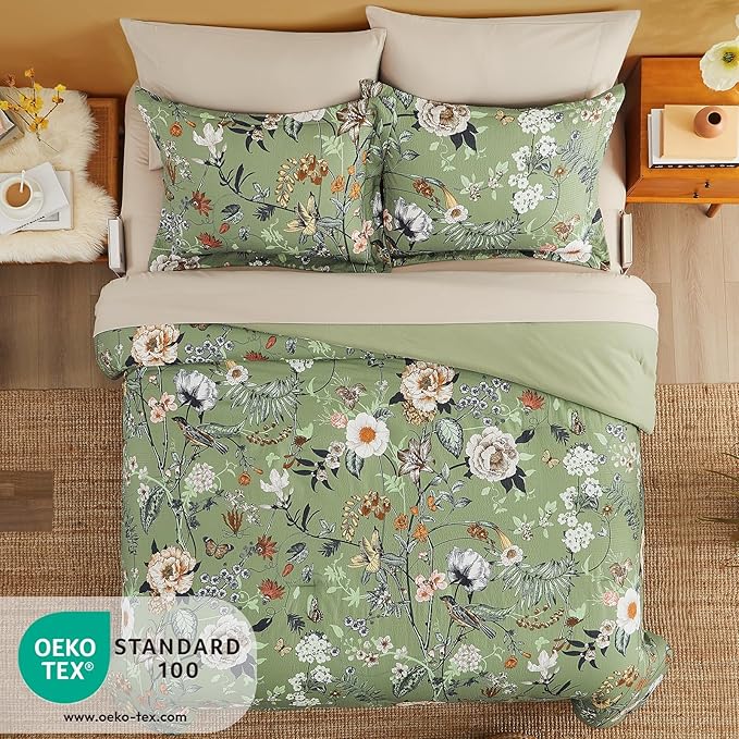 CASAAGUSTO Full Size Comforter Sets-7 Pieces Green Floral Bedding Sets, Bed in a Bag Full with Botanical Butterfly Comforter, Sheets, Pillowcases & Shams for All Seasons