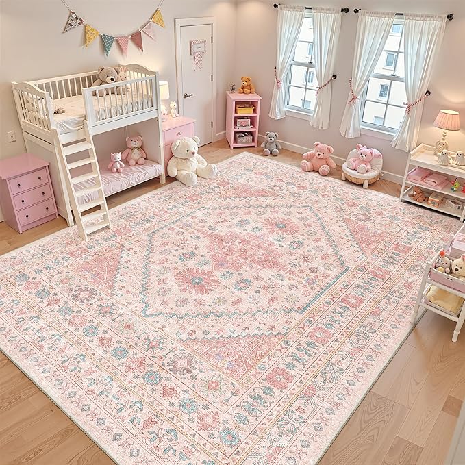 zesthome 8x10 Area Rugs for Girls Bedroom, Non-Slip Backing Washable Rugs, Vintage Large Pink Rug, Stain Resistant Nursery Room Rug (Pink/Blue,8'x10')