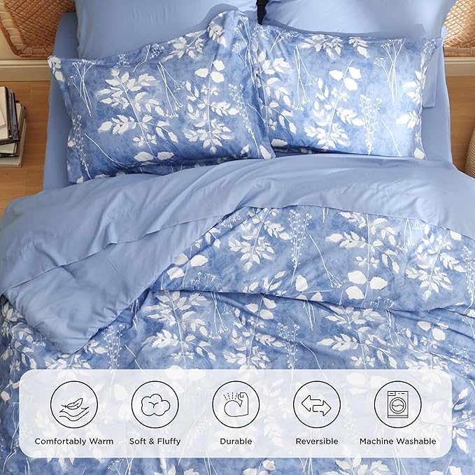 Bedsure Full Size Comforter Set - 7 Pieces Floral Blue Soft Bedding Sets, Full Bed in a Bag with Botanical Flowers Comforter, Sheets, Pillowcases & Shams