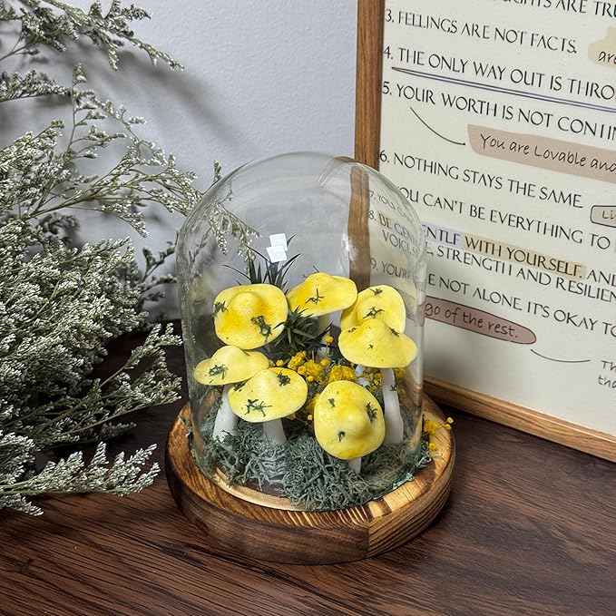 Mushroom Lamp, Decor LED Light in Glass Dome with Base for Home Bedroom Decor Birthday with Birthday Valentines Anniversaries Gifts Box (Yellow)