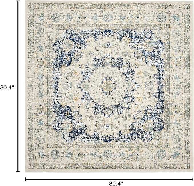 SAFAVIEH Evoke Collection Area Rug - 6'7" Square, Ivory & Blue, Shabby Chic Oriental Medallion Design, Non-Shedding & Easy to Clean, Ideal for Living Room, Bedroom, Dining Space (EVK220C)