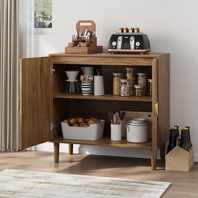 Ball & Cast 32" Modern Walnut Sideboard Cabinet with Line Groove Doors, Buffet & Accent Cabinet w/Adjustable Shelf & Solid Wood Legs for Living Room, Dining Room, Kitchen Coffee Bar & Entryway,Brown