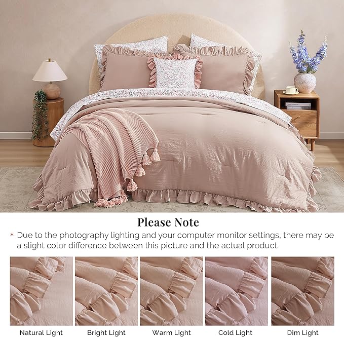 Twin XL Comforter Set - 5 Pieces Ruffle Rose Floral Bedding Sets, Shabby Chic Farmhouse Bed in a Bag with Ruffle Comforter, Floral Sheets, Pillowcase & Sham