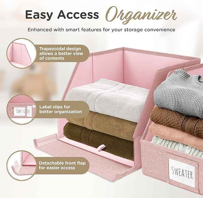 Closet Bins for Organization – 12x12x10 Foldable Boxes for Clothes, Fabric Trapezoid Storage Bins, Storage Baskets, Decorative Storage Baskets, Sweaters, Baby Clothes, Nursery– Pink, 3 Pack