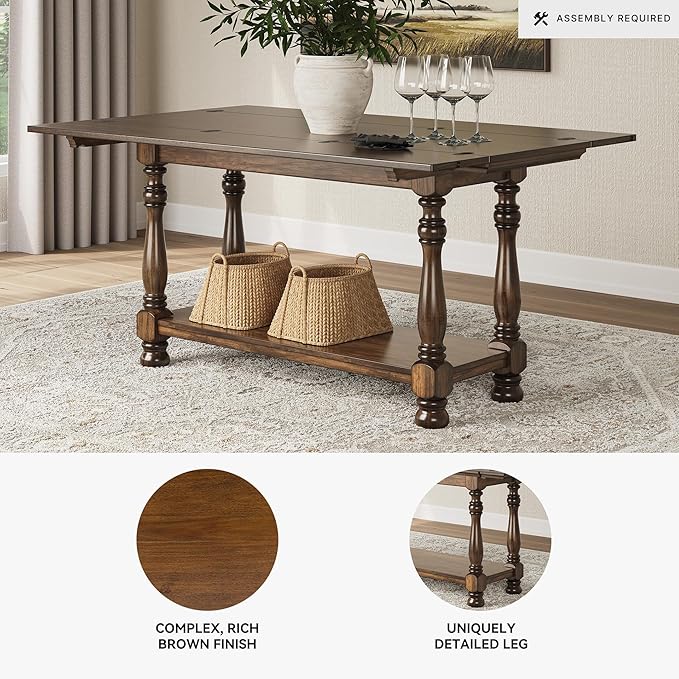Signature Design by Ashley Sturlayne Transitional Expandable Flip Top Sofa Table with Lower Shelf and Turned Leg, Dark Brown