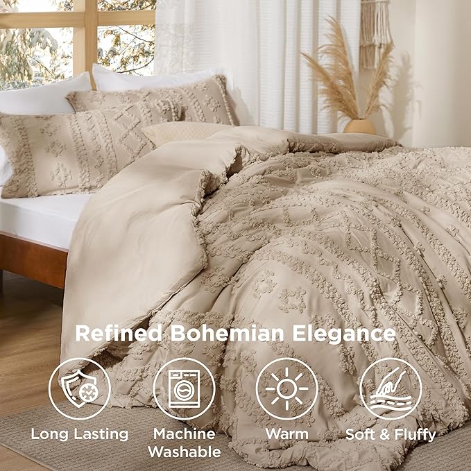 Bedsure Tufted Boho Comforter Set Oversized Queen - Khaki Boho Bed Set, GentleSoft™ 3 Pieces Farmhouse Shabby Chic Embroidery Bedding, Gifts for Woman, Soft Jacquard Comforter for All Seasons