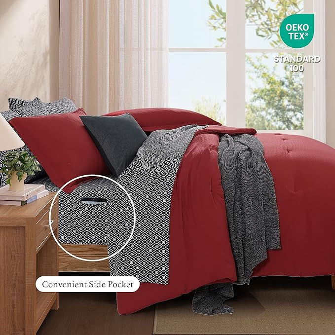 Monbix King Size Comforter Set - 7 Pieces Bright Red Prewashed Bed in a Bag King Bedding Sets with Comforters, All Seasons Ultra Soft Comforter Bed Set with Sheets, Pillowcases & Shams