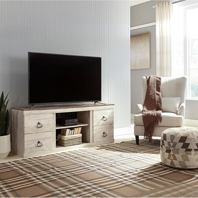 Signature Design by Ashley Willowton Shabby Chic Large TV Stand up to 60" with 3 Shelves and Fireplace Option, White