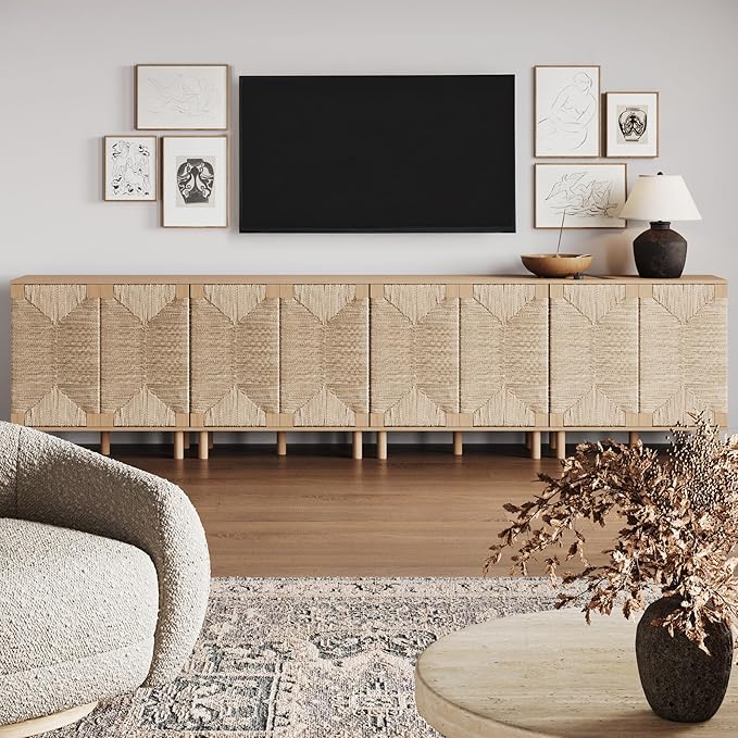 Nathan James Beacon Boho TV Stand, Free Standing Kitchen Cabinet Storage with Adjustable Interior Shelf and Seagrass Accent, Seagrass/Raw Oak, Set of 4