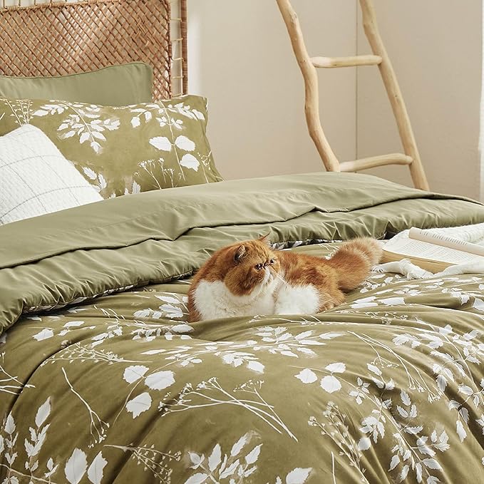 Bedsure Queen Comforter Set - 7 Pieces Floral Olive Green Soft Bedding Sets, Queen Bed in a Bag with Botanical Flowers Comforter, Sheets, Pillowcases & Shams
