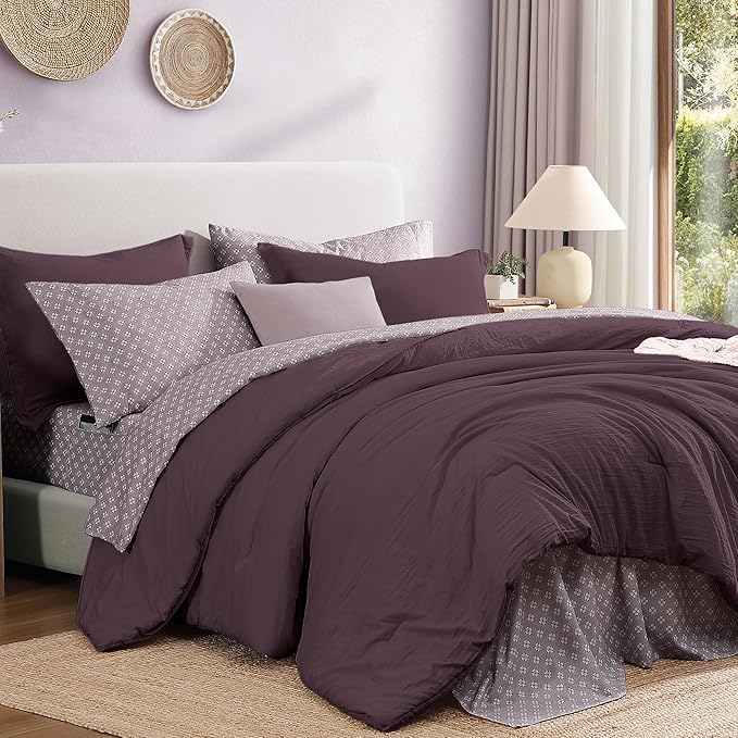 Monbix Full Size Comforter Set - 7 Pieces ltalian Plum Prewashed Bed in a Bag Full Bedding Sets with Comforters, All Seasons Comforter Bed Set with Sheets, Pillowcases & Shams