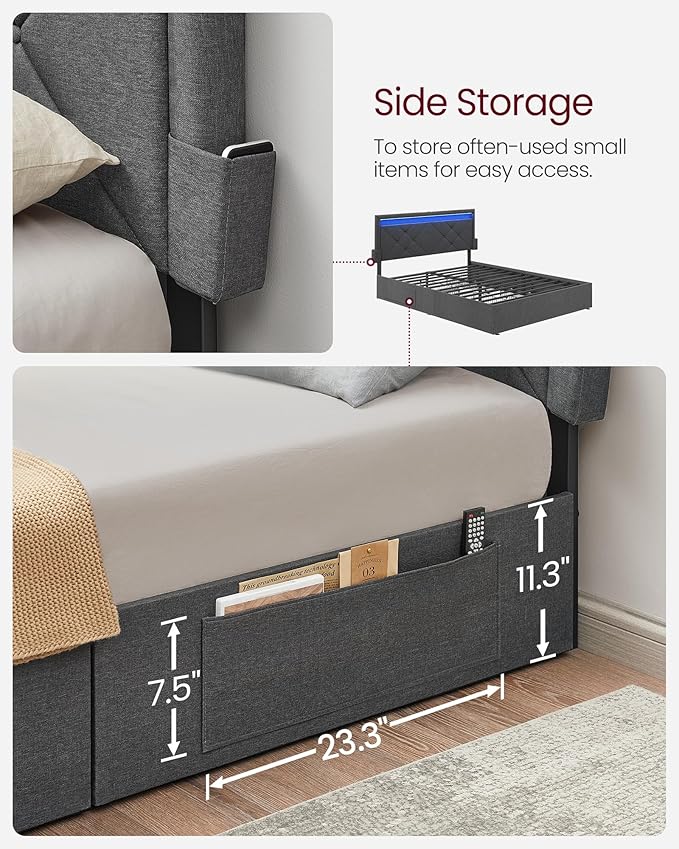 VASAGLE LED Bed Frame Queen Size, Queen Bed with Headboard and 4 Drawers, 1 USB Port and 1 Type C Port, Adjustable Upholstered Headboard 36.7/39.3 Inches, No Box Spring Needed, Dark Gray URMB821G71