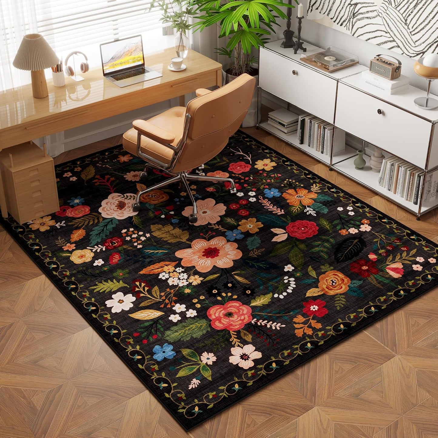 Area Rug 4x6 Rug Washable Boho Rugs Non Slip Low Pile Floral Small Carpet for Bedroom, Bedside, Kids Room, Office, Dining Room(Black)