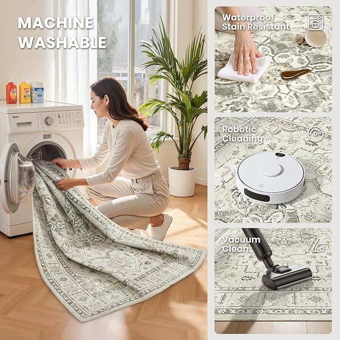 zesthome 5x7 Area Rugs, Machine Washable Rugs for Living Room, Bedroom,Stain Resistant Vintage Large Area Rug,Non-Slip Medallion Pattern Home Decor Rugs (Beige,5'x7')