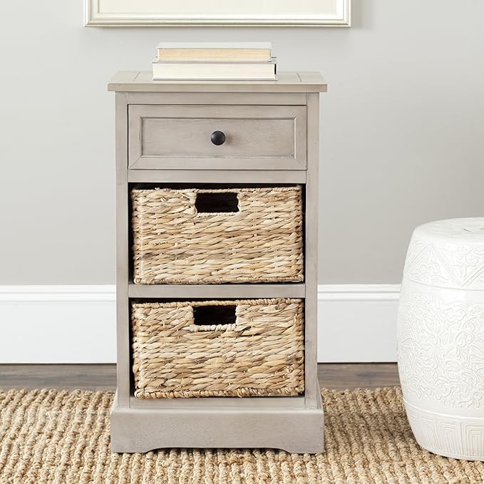 SAFAVIEH Home Collection Carrie Vintage Grey / Natural Wicker 3-Drawer Storage Nightstand Side Table (Fully Assembled)