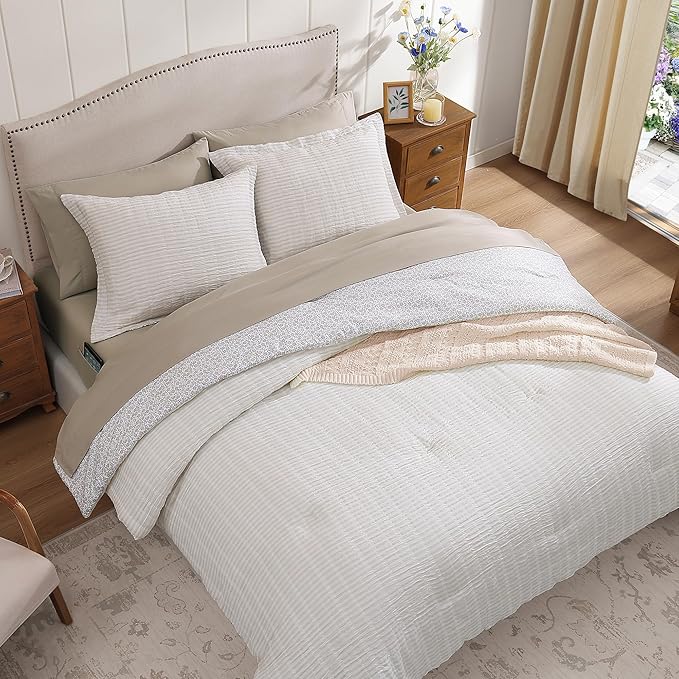 Queen Comforter Set - 7 Pieces Beige Gauze Muslin Bedding Sets for All Seasons, Lightweight Breathable Bed in a Bag Queen with Revesible Farmhouse Comforter, Sheets, Pillowcases & Shams