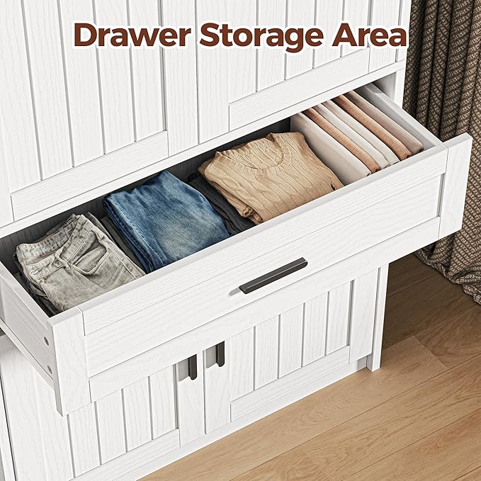 LIKIMIO 77" Tall Armoire Wardrobe Closet, Wooden Wardrobe with 4-Door and Drawer, White Clothes Storage Cabinet with Hanging Rod and Adjustable Shelves for Bedroom