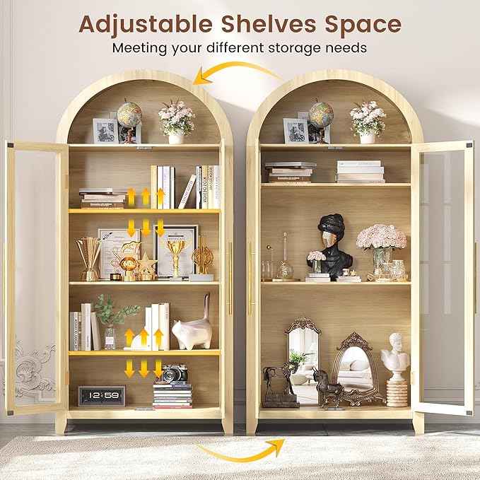 Vlsrka 71" Arched Storage Cabinet with Doors, Display Cabinet with LED Light & Human Sensor, 5-Tier Display Cases for Collectibles, Curio Cabinet with Ajustable Shelf for Living Room