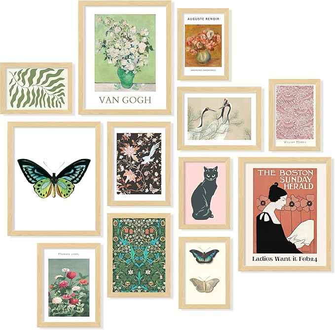 97 Decor Eclectic Wall Art FRAMED - Vintage Boho Wall Decor, Trendy Boho Prints For Wall, Framed Gallery Wall Art Set Dorm Posters For Room Aesthetic Pictures, Maximalist Decorations For Home (BEIGE FRAME)