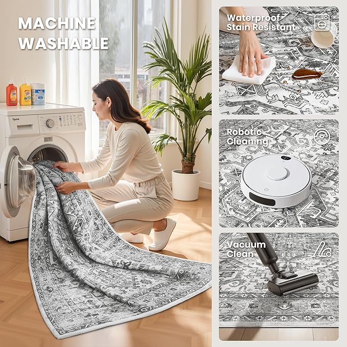 zesthome 9x12 Area Rugs,Stain Resistant Washable Rug,Ultra-Thin Rugs for Living Room,Bedroom,Non-Slip Backing Home Decor Large Area Rug (Grey/White,9'x12')