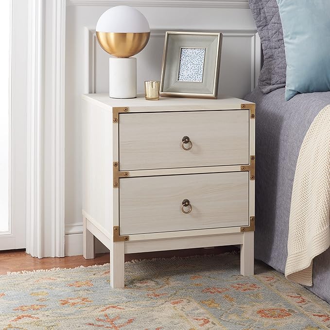 SAFAVIEH Home Collection – Galio Bleached White & Gold 2-Drawer Nightstand, Vintage-Inspired Bedside Table with Storage for Bedroom (NST9600C)