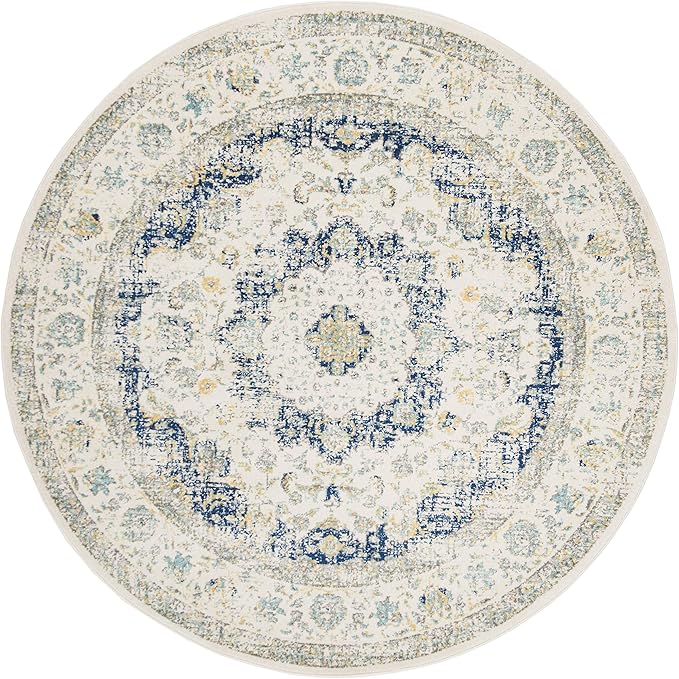 SAFAVIEH Evoke Collection Area Rug - 9' Round, Ivory & Blue, Shabby Chic Oriental Medallion Design, Non-Shedding & Easy to Clean, Ideal for Living Room, Bedroom, Dining Space (EVK220C)