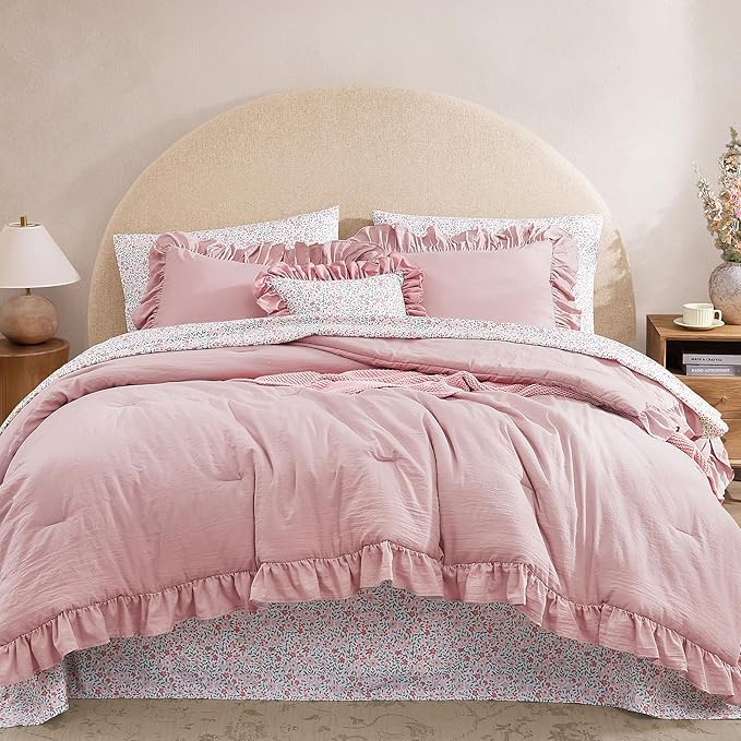 Twin XL Comforter Set - 5 Pieces Ruffle Soft Pink Bedding Sets, Shabby Chic Farmhouse Bed in a Bag Twin XL with Ruffle Comforter, Floral Sheets, Pillowcases & Shams