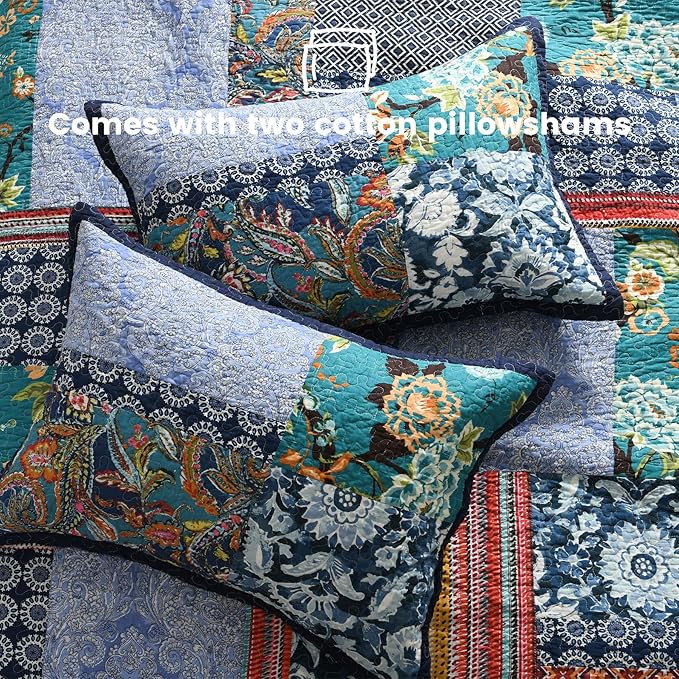 Secgo King Size Comforter Set- 100% Cotton Quilt King Size Set, Navy, Bohemia bedspreads (96 * 108 Inch) with 2 Pillow Shams, Patchwork Reversible Lightweight Bedding