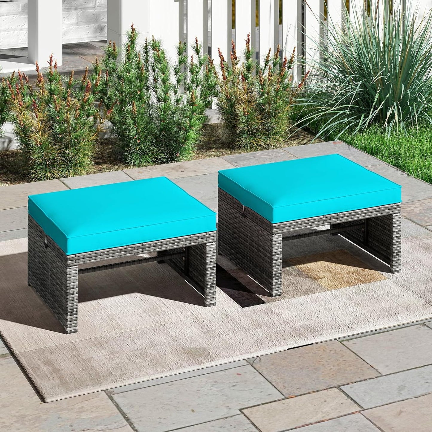 Tangkula 2 Pieces Patio PE Rattan Ottomans, Multipurpose Outdoor Footstool Footrest Additional Seating Side Table with Soft Zippered Cushions for Deck, Garden, and Yard (Turquoise)