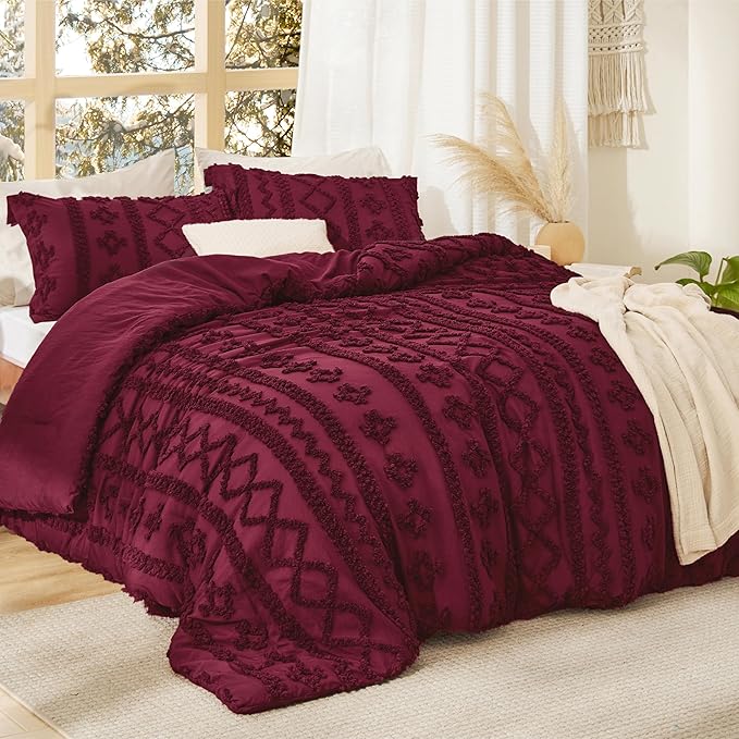 Bedsure Tufted Boho Comforter Set Twin Size - Burgundy Boho Bed Set, GentleSoft™ 2 Pieces Farmhouse Shabby Chic Embroidery Bedding, Gifts for Woman, Soft Jacquard Twin Comforter for All Seasons