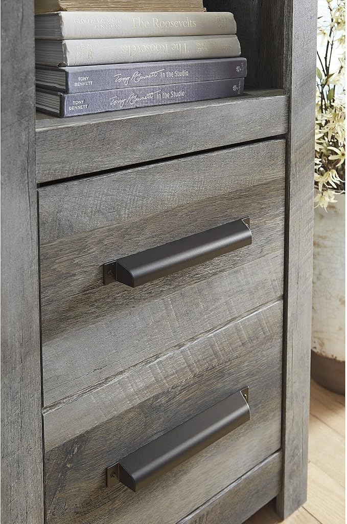 Signature Design by Ashley Wynnlow Rustic 4-Piece Entertainment Center for TVs up to 72" with Electric Fireplace, LED Lighting and Adjustable Temperature, Gray