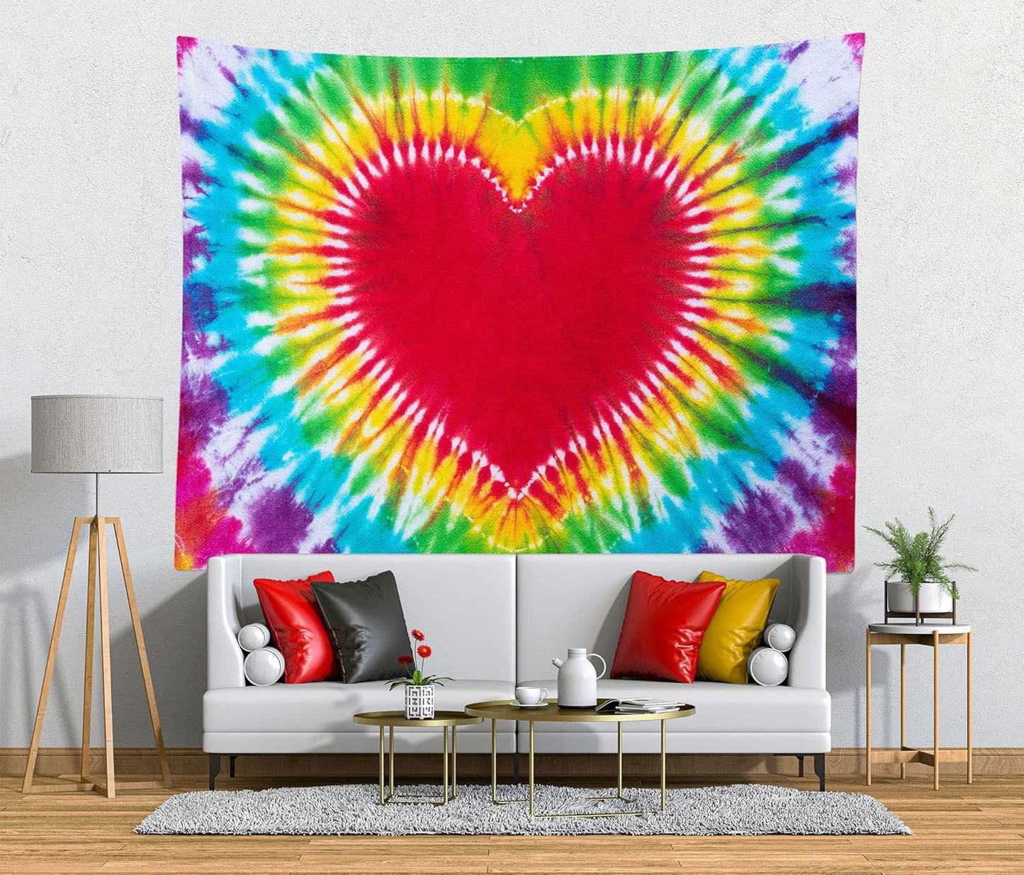 Loccor Colorful Tie Dye Tapestry Rainbow Heart Tie Dye Watercolor Wall Hanging Abstract Hippie Wall Decor LBGT Party Supplies Home Bedroom Living Room Decor W60 x H40 inches