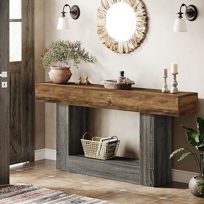 Tribesigns 63" Console Table, Farmhouse 2-Tier Entryway Table with U-Shaped Base, Narrow Long Wood Sofa Table Behind Couch Table for Living Room, Hallway, Foyer, Vintage Brown & Gray | Farmhouse, Entryway Table, Narrow, Long, Sofa Table, Behind Couch T...