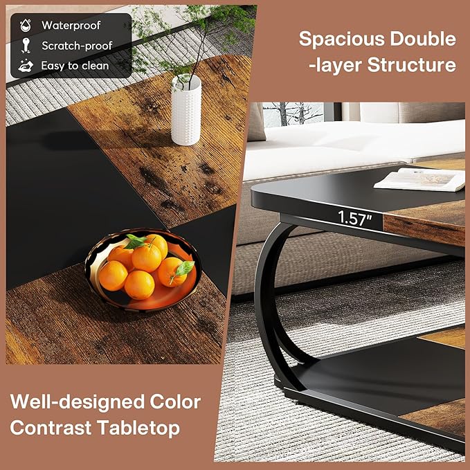 Tribesigns Square Coffee Table with 2 Tiers, 40 inches Low Farmhouse Coffee Table with Wood Storage Shelf Heavy Duty Metal Curved Frame for Modern Living Room, Black Rustic Brown