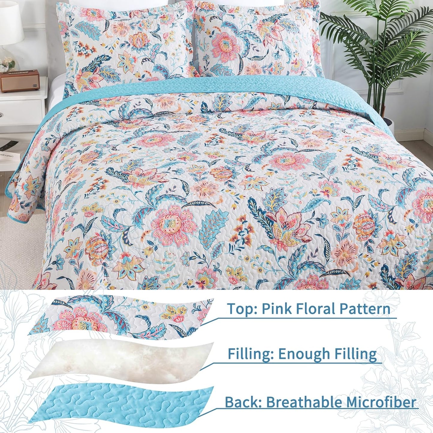 VAPUTAR Garden King Size Bedspread for Adults - Floral Quilt King Size Bedding Set (98 x 106 inch) with 2 Pillow Shams - Lightweight Reversible Coverlet Quilt for Bedroom, 3 Pieces