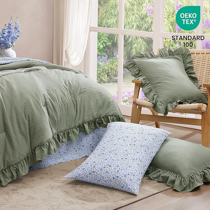 California King Comforter Set - 7 Pieces Ruffle Sage Leaf Bedding Sets, Shabby Chic Farmhouse Bed in a Bag with Ruffle Comforter, Floral Sheets, Pillowcases & Shams