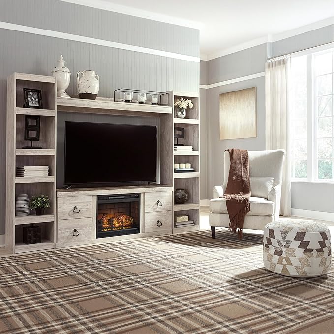 Signature Design by Ashley Willowton Cottage 60" TV Stand with Electric Fireplace for TVs up to 69", Whitewash