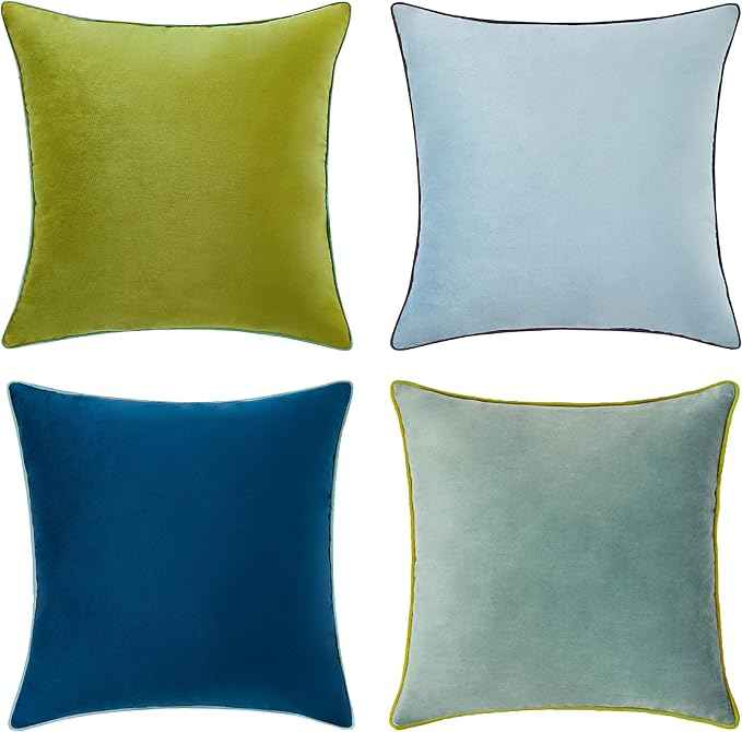 MONDAY MOOSE Decorative Throw Pillow Covers Cushion Cases, Set of 4 Soft Velvet Modern Double-Sided Designs, Mix and Match for Home Decor, Pillow Inserts Not Included (18x18 inch, Green/Blue)