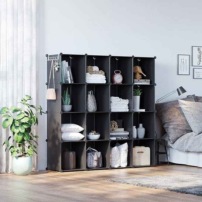 C&AHOME Cube Storage Organizer, 16-Cube Shelves Units, Plastic Storage Cubes, DIY Closet Organizer, Modular Closet Storage Shelves Ideal for Home, Bedroom, 48.4" L × 12.4" W × 48.4" H Black SUM3016H