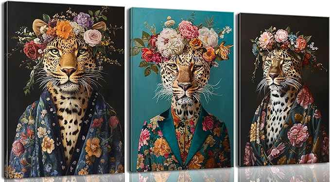 Bathroom Leopard In a Bathrobe Wall Art Maximalist Eclectic Cheetah Posters Pictures Animals And Flowers Canvas Prints Funky Animals Painting Wall Decor y2k Aesthetic Room Decoration Framed