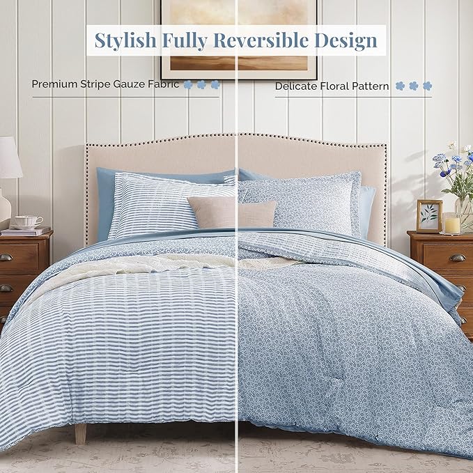 Full Comforter Set - 7 Pieces Blue Gauze Muslin Bedding Sets for All Seasons, Lightweight Breathable Bed in a Bag Full with Revesible Farmhouse Comforter, Sheets, Pillowcases & Shams