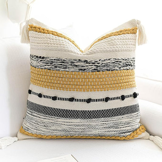 BlissBlush Boho Decorative Throw Pillow Cover 22x22 Square Yellow Mustard Accent Pillowcase Tassels Farmhouse Cushion for Couch Sofa Bedroom Living Room Home Décor Cover ONLY (Pack of 1)